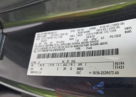 2020 Ford F-250 Xl из США, поврежденный, VIN 1FT7W2BT4LEE65632